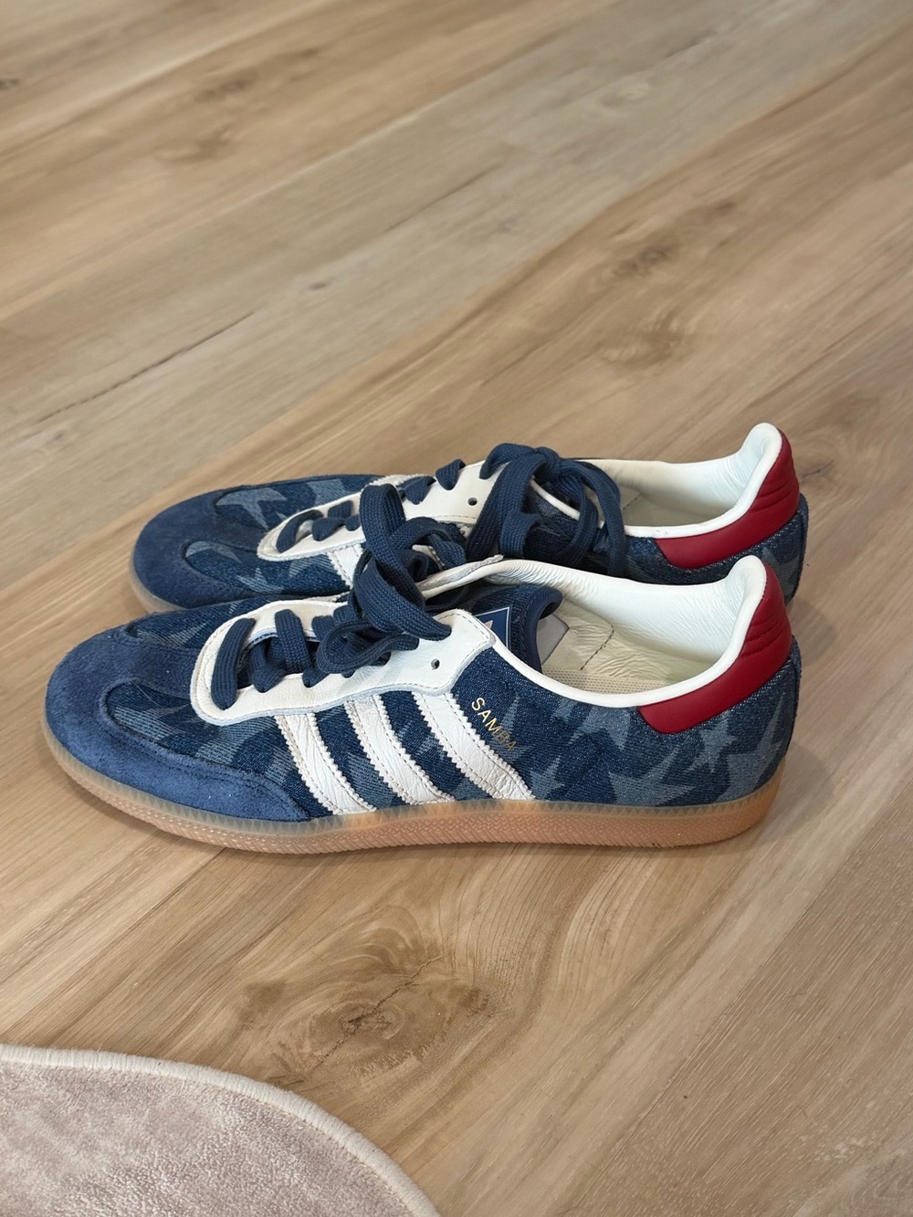 Classic Navy Denim Star-Print Sneakers with White Stripes and Red Heel